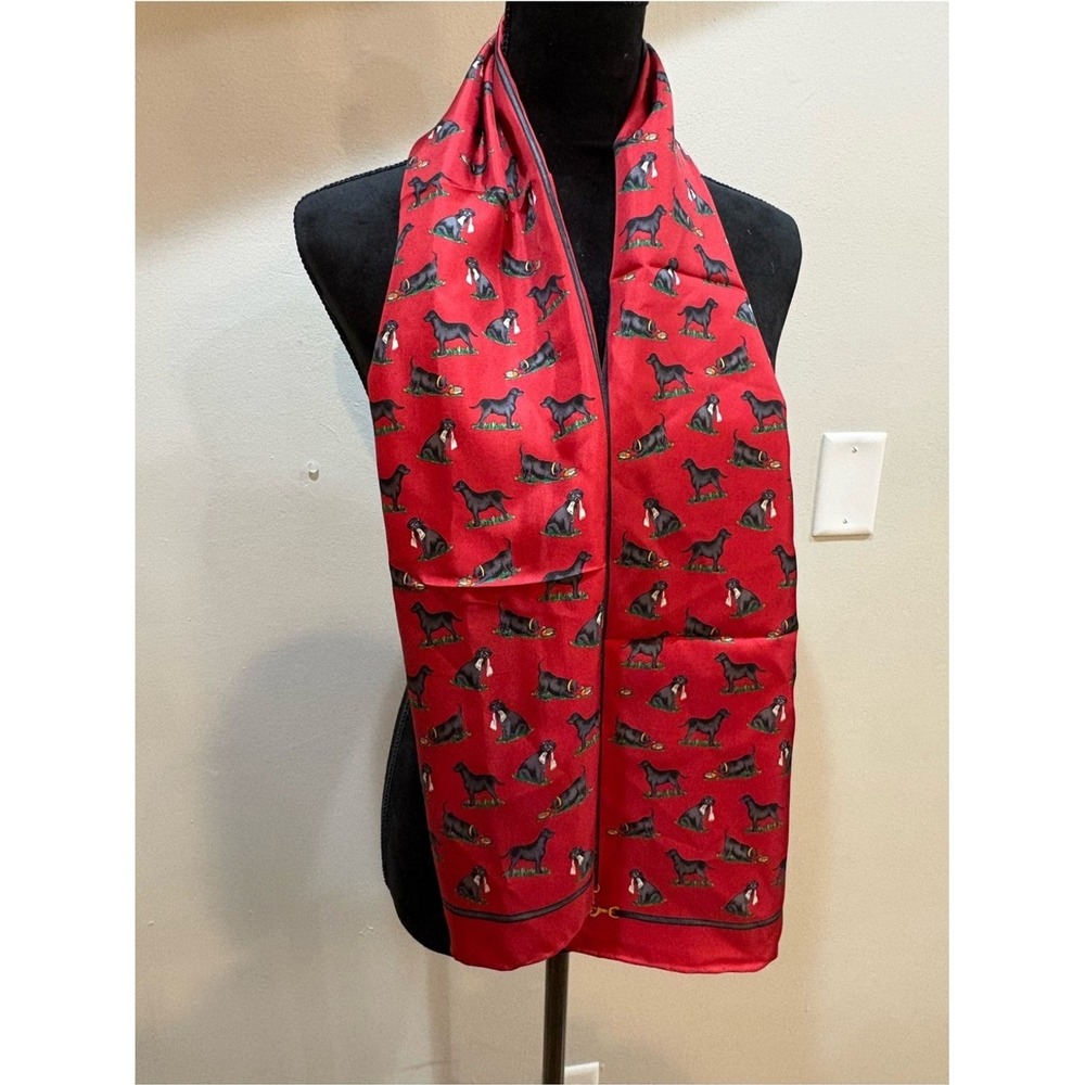 Alynn Red Silk Scarf Black Labrador Retriever Dog Print Equestrian‎ Bridle Motif